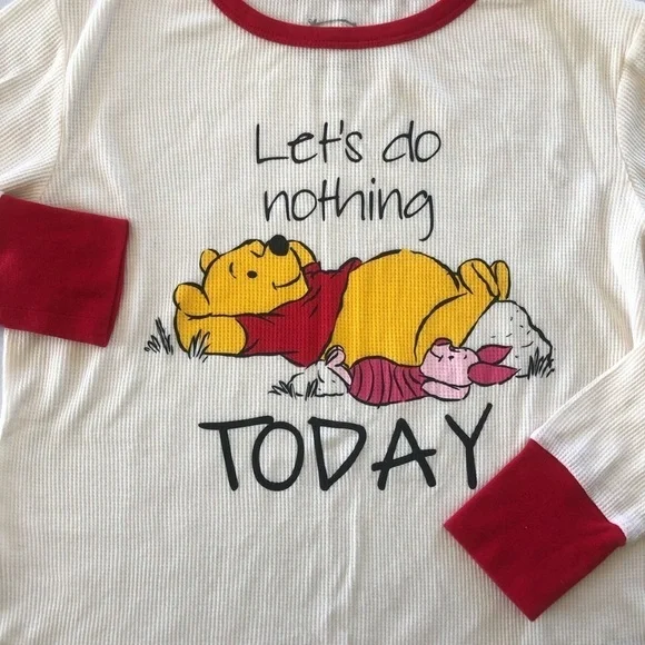 Disney Winnie The Pooh & Piglet Waffle Loungewear Pajamas Ladies Top L Bottom M - Picture 2 of 15